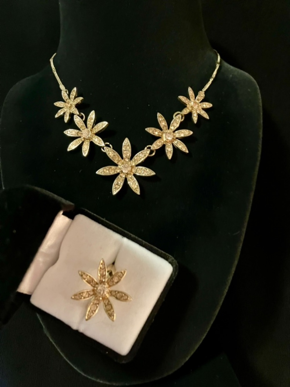 New Dior Replica Gold Floral Crystal Necklace and Ring Set in Jewelers Boxes
